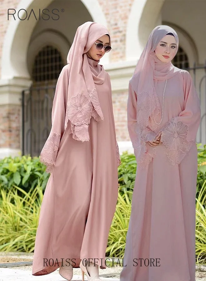 Roaiss Women's Abaya Robe Dress and Headscarf Set Floral Embroidery Lace Long Sleeves Traditional Wear (Pink, One Size) sszln