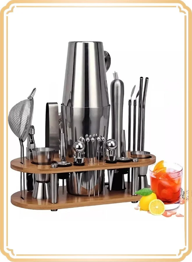 APEX Cocktail Shaker Set 23-Piece Boston Stainless Steel Bartender Kit with Bamboo Stand (Silver, 23-Piece) 1n4nf
