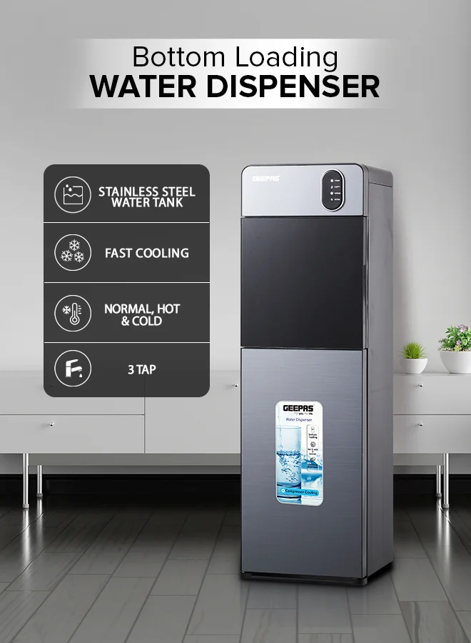 GEEPAS Bottom Loading Water Dispenser with Compressor Cooling and 3 Taps (Metallic Grey) jujs1