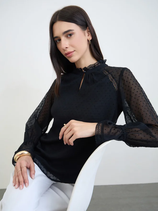Styli Black Lace Trim Dobby Blouse Elegant Long Sleeve Top for Women dxezc
