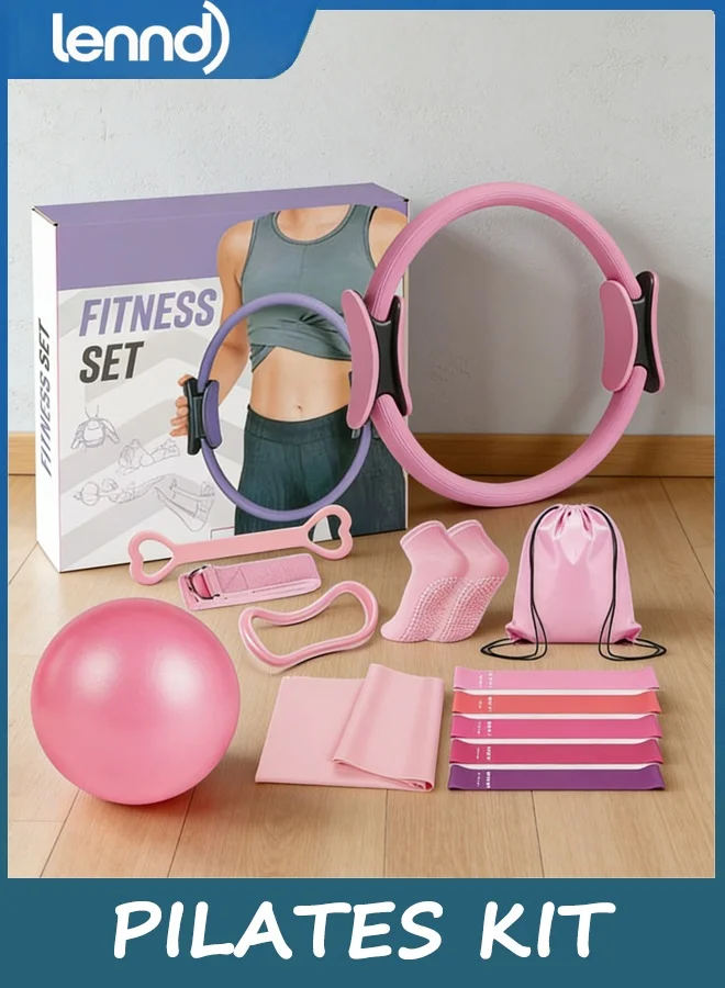LENND Home Pilates Kit for Women Professional Toning Equipment Set with Magic Circle Ring, Yoga Ball, and 5 Resistance Bands (7-Piece Set) outur