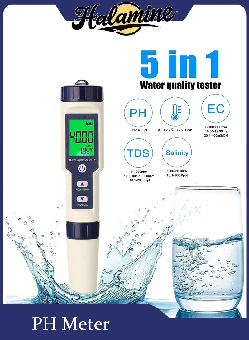 Halamine 5-in-1 Digital Water Quality Tester, Professional PH/TDS/EC/Salinity/Temp Meter for Pools and Hydroponics (1 Piece) kzasa
