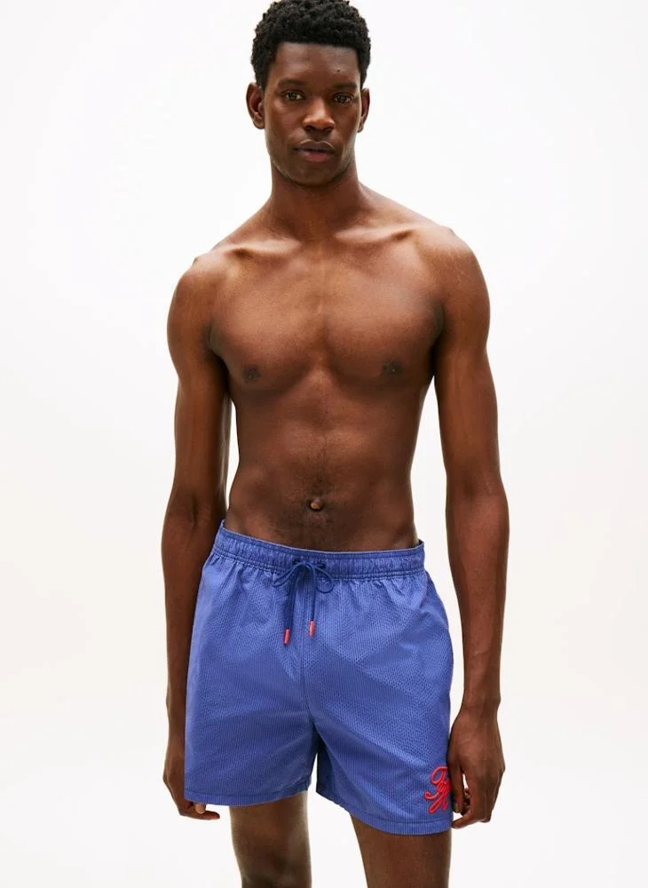 Premium Striped Mid-Length Swim Shorts Quick-Dry Beachwear for Men (Blue, Large) vewn0
