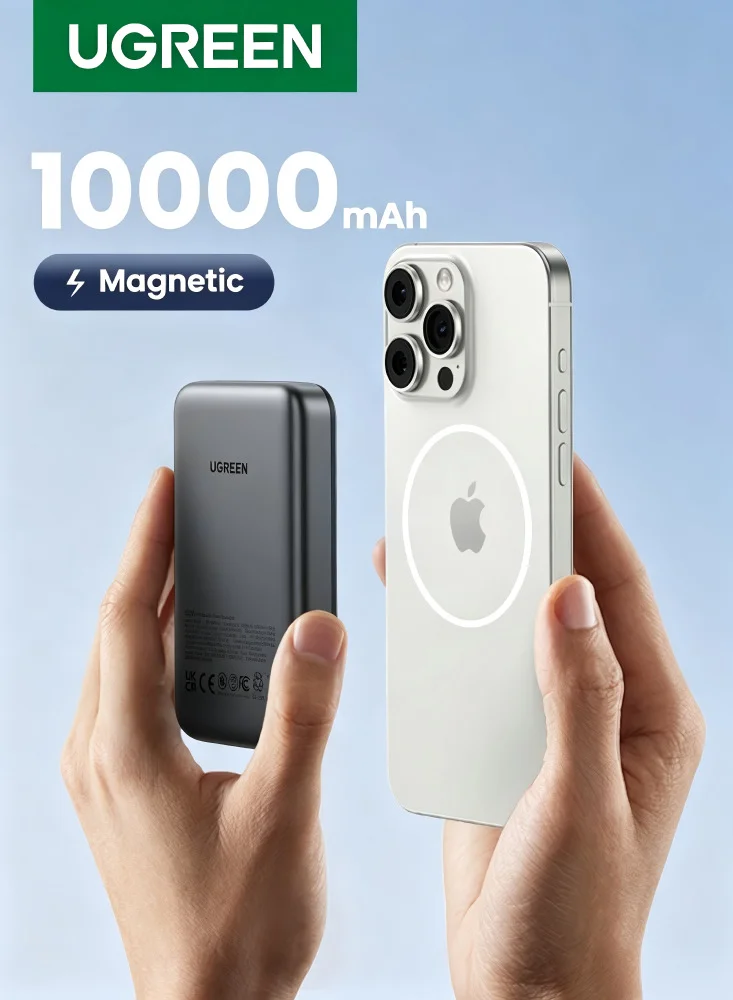 Ugreen 10000mAh Magnetic Wireless Power Bank Portable Fast Charger PD 20W Slim Battery Pack (Grey, 10000mAh) 4rglg