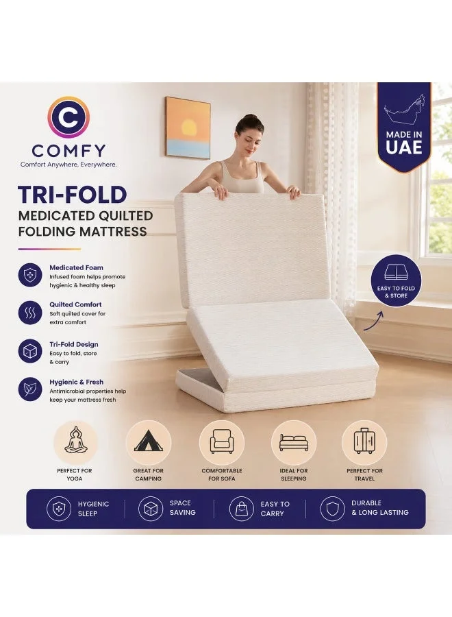 Premium Folding Foam Mattress Portable Knitted Cotton Bedding (White, 180 x 90 x 7 cm) pkmx6