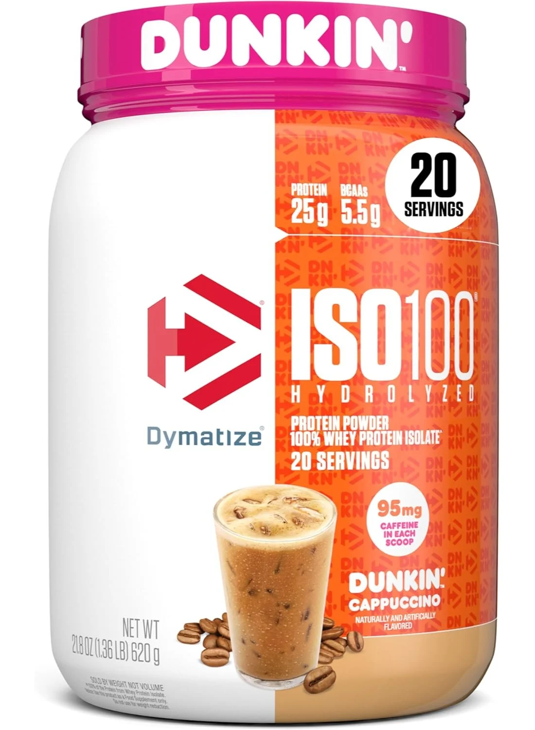 Dymatize ISO100 Hydrolyzed Whey Isolate Protein Powder, Dunkin' Cappuccino Flavor, Fast Absorbing Formula (750g) pkwyj