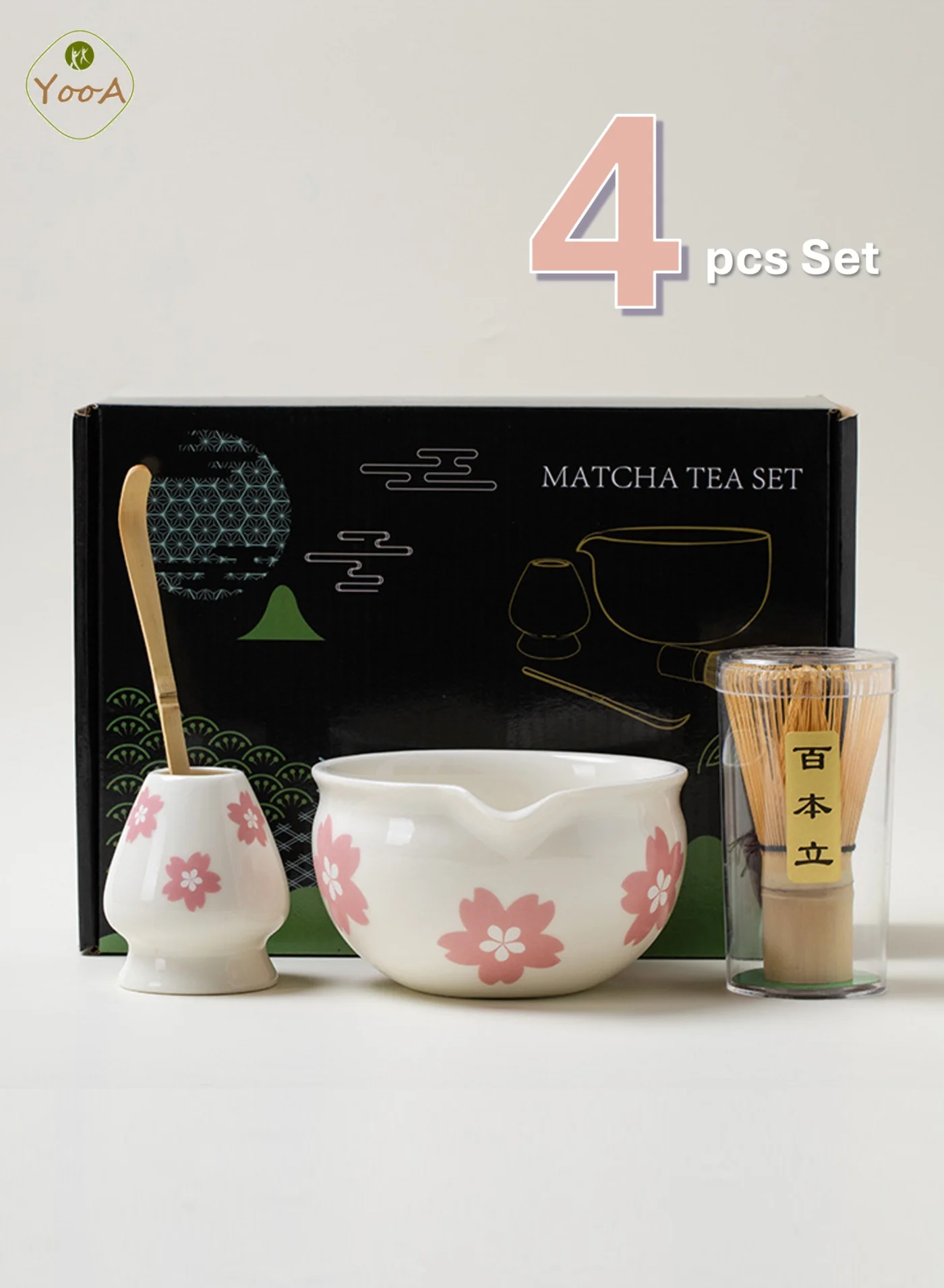 YooA Japanese Matcha Tea Set, Handmade Ceramic Bowl with Pouring Spout, Bamboo Whisk, Holder and Spoon (Pink Sakura, 4-Piece Kit) rjp2m