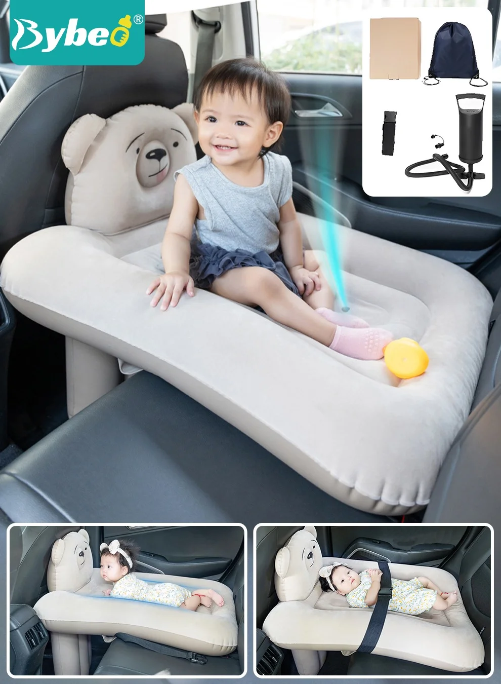 Bybeo Inflatable Toddler Travel Bed Portable Airplane Crib with Safety Belt and Hand Pump (Grey, 80cm x 50cm) x4ydw
