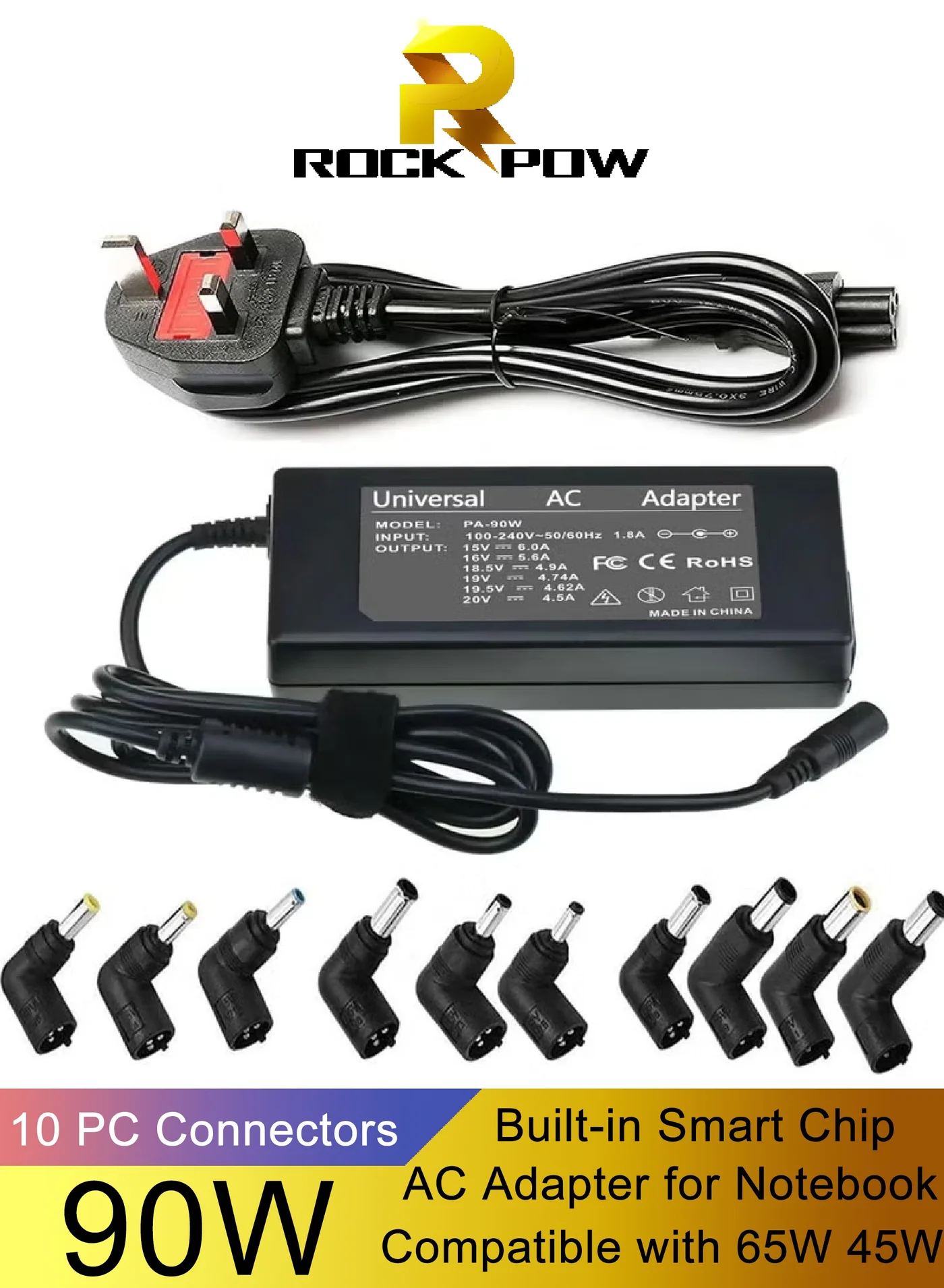 Rock Pow 90W Universal Laptop Charger Power Supply Adapter with 10 Interchangeable Connectors (15V-20V, 90W) 3s0tr