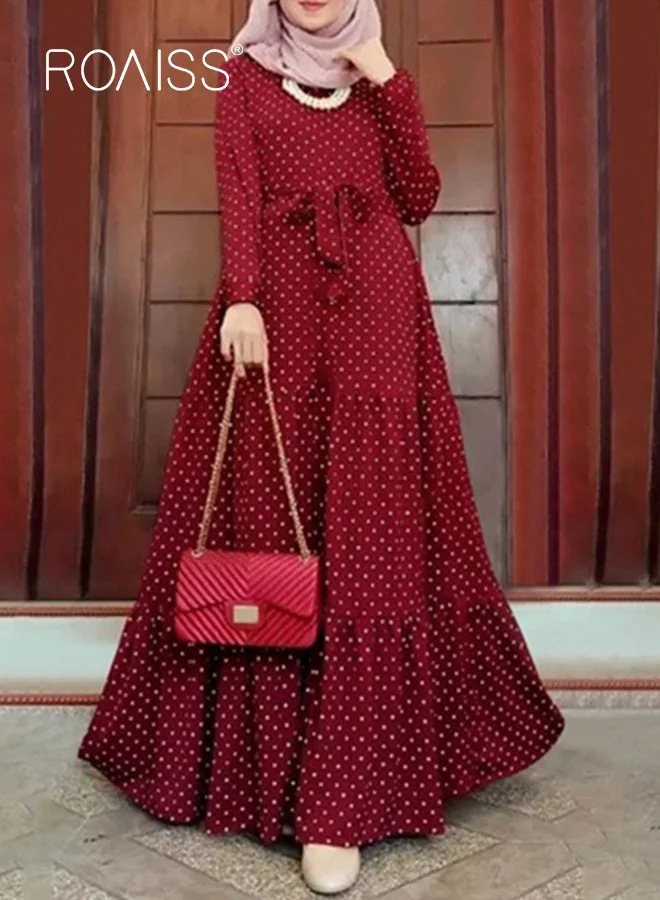 Roaiss Women's Vintage Polka Dot Maxi Robe Long Sleeve Flared Hem Dress with Belt (Red, One Size) m8omb