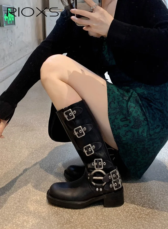 RIOXS Women's Knee High Boots Square Toe Chunky Heel Biker Boots (Black) by0mu