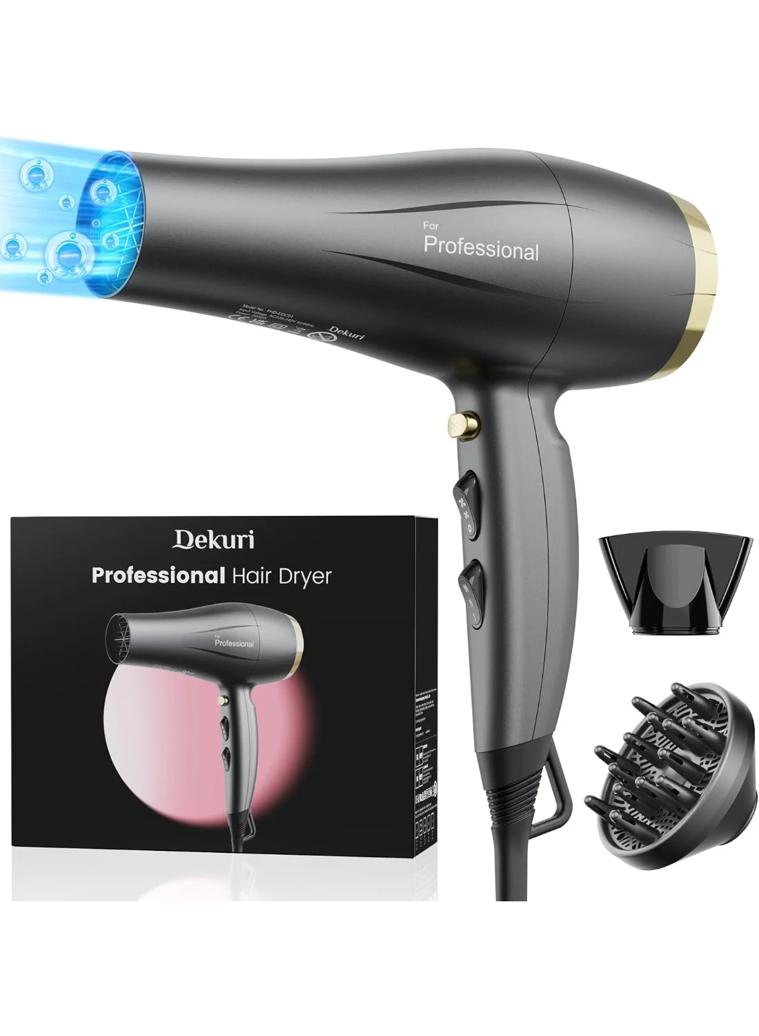 Dekuri Professional Ionic Hair Dryer with Diffuser and Nozzle (Grey, 1 Unit) lg9us