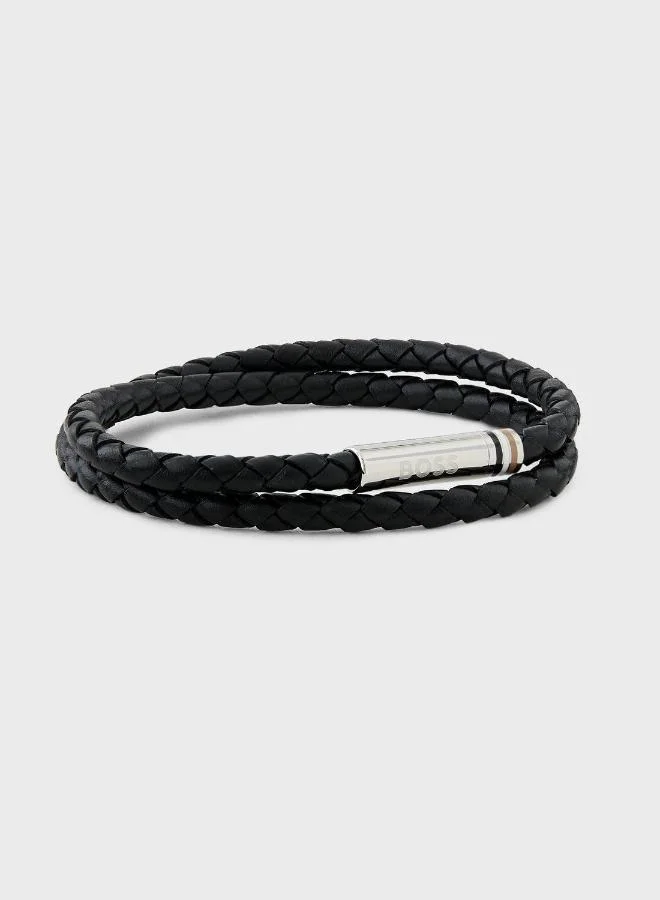 Premium Braided Leather Bracelet For Men Double-Wrap Wristband (Black, 21 cm) g979v