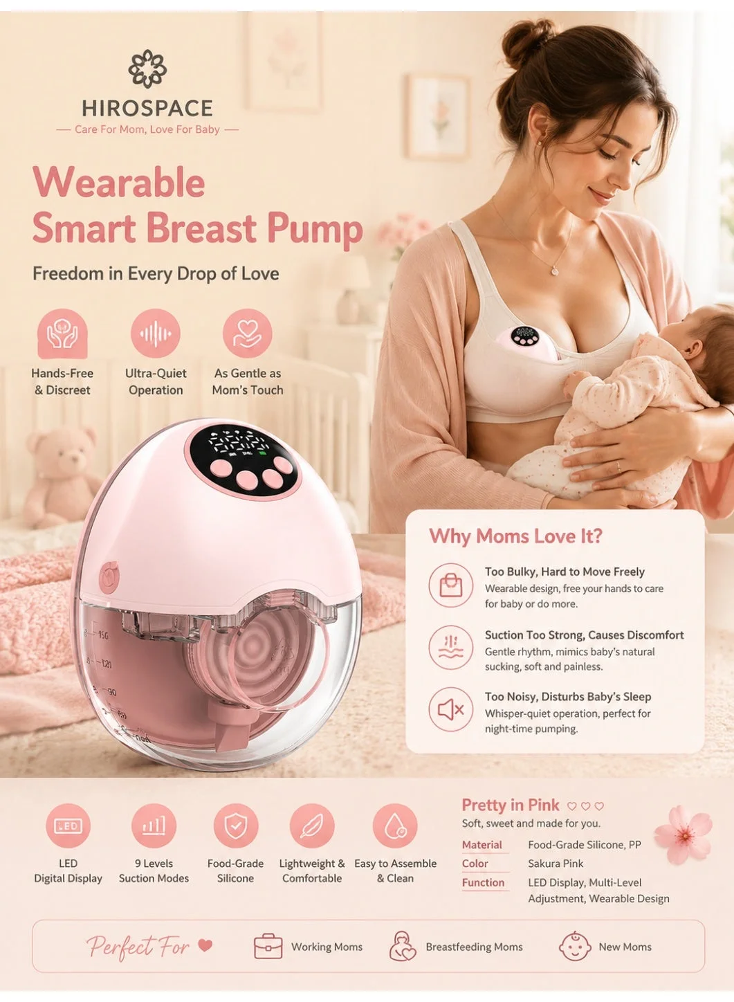 Hirospace Electric Wearable Breast Pump Hands-Free Wireless Design with 4 Modes and 12 Levels (1 Unit) a3b6w
