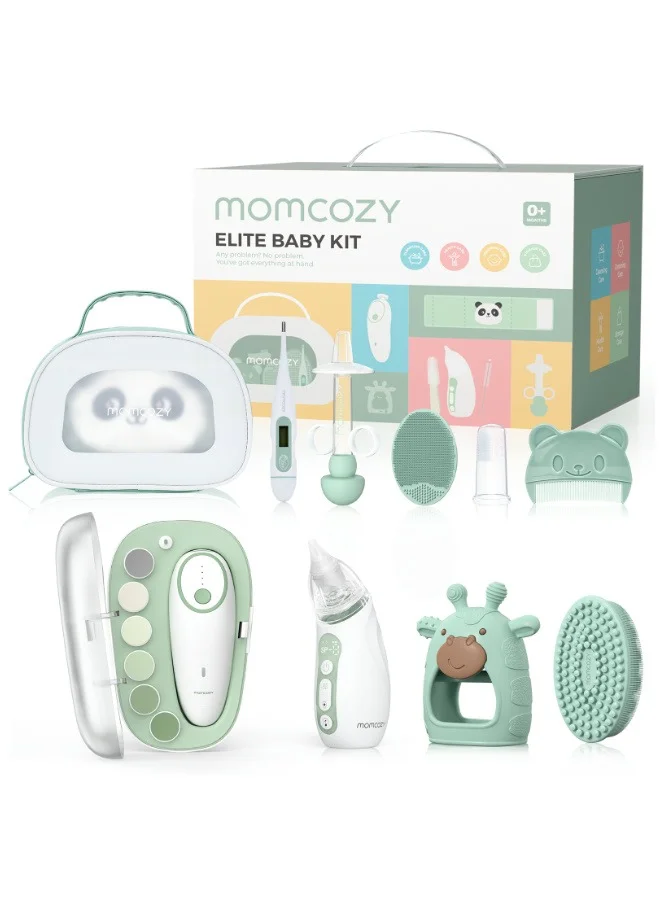 Premium Baby Care Essentials Kit, Newborn Health and Grooming Set with Electric Nail File, Nasal Aspirator, and Thermometer (9-Piece Set) qkrf1