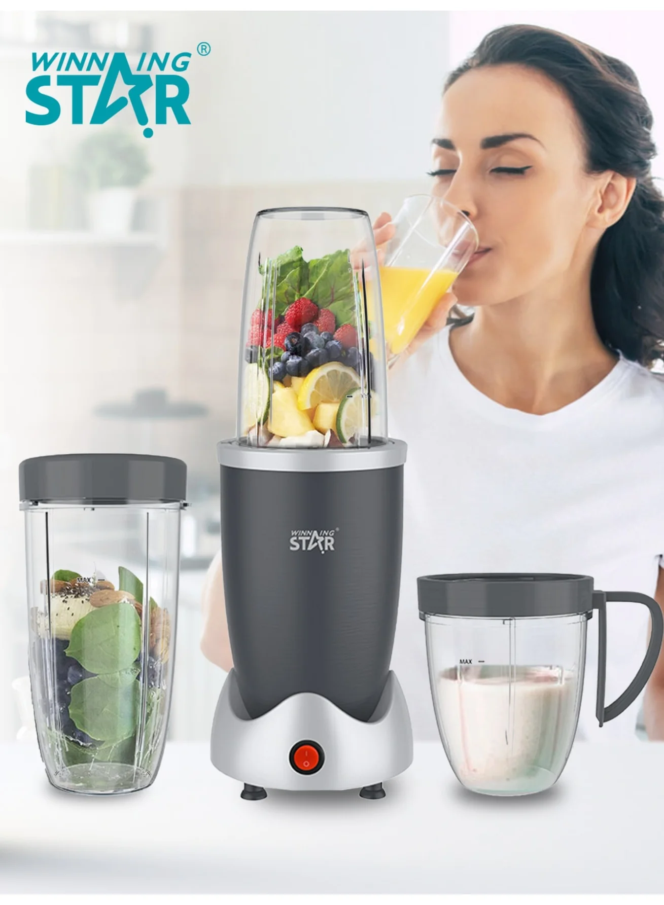 Winning Star Personal Compact Blender 900W High-Speed Juicer for Smoothies and Food Prep (Gray, 1 L) lu5eb
