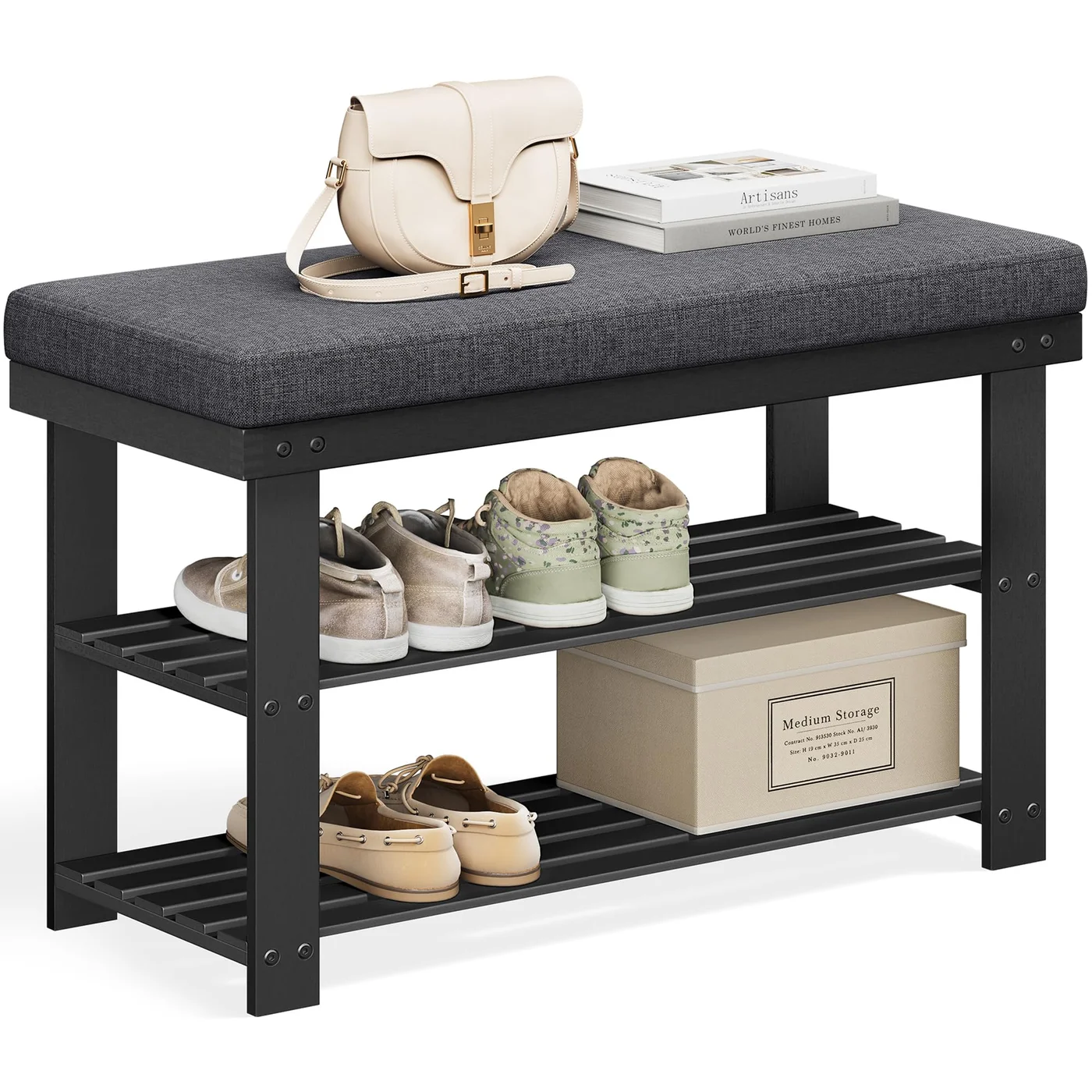 Bamboo Shoe Bench 3-Tier Entryway Organizer with Seat (Black and Gray, 72 x 30 x 49 cm) g7gpn