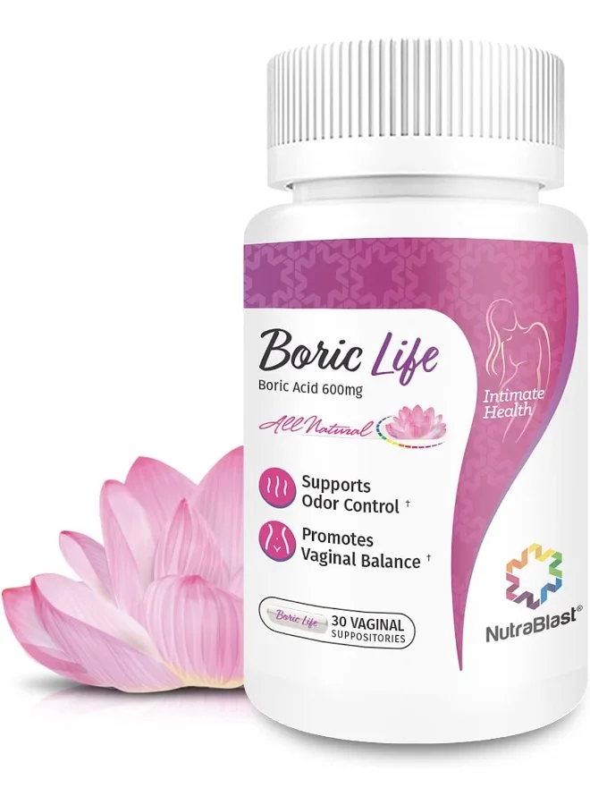 NutraBlast Boric Acid Suppositories (600mg, 30 Count) Premium Feminine Care for Odor Control and pH Balance edg4i