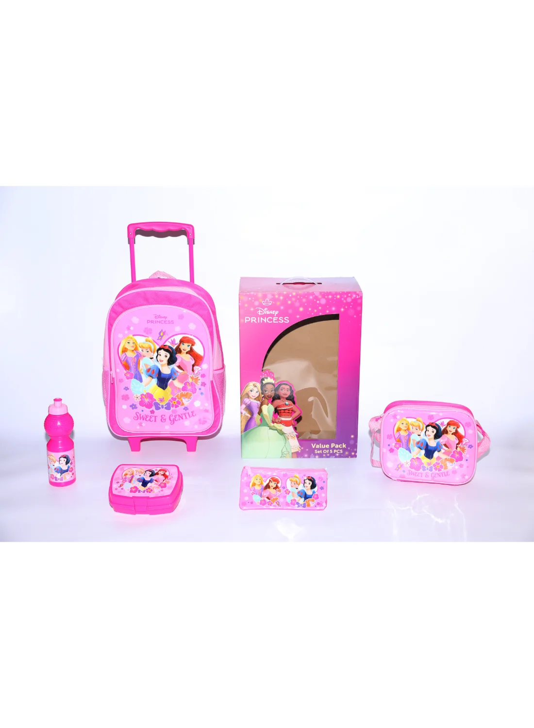 Cartoon Princess 5-in-1 School Trolley Bag Set with Lunch Box and Pencil Case (16-inch) m2q35