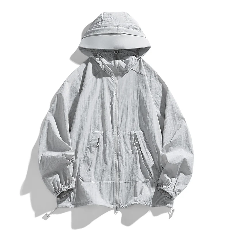 Premium Men's UPF50+ Sun Protection Jacket Lightweight Ice Silk Anti-UV Coat with Removable Hood (Grey, L) 980c5