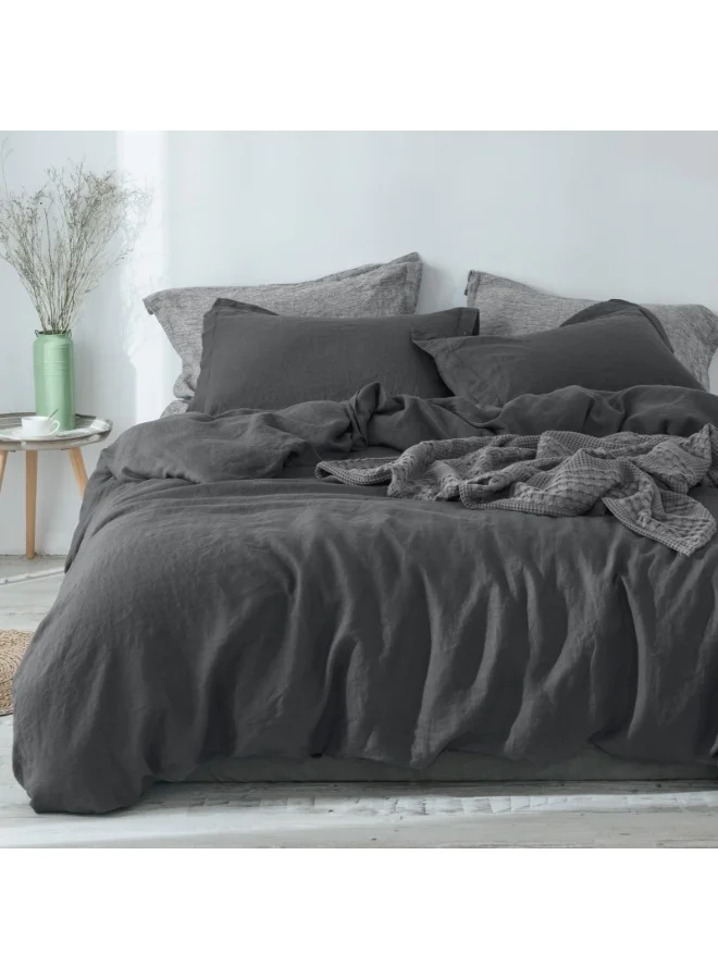 PHF 3-Piece French Flax Linen Duvet Cover Set, Breathable Washed Natural Linen Bedding for King Size Beds (Charcoal, 235cm x 270cm) l6lux
