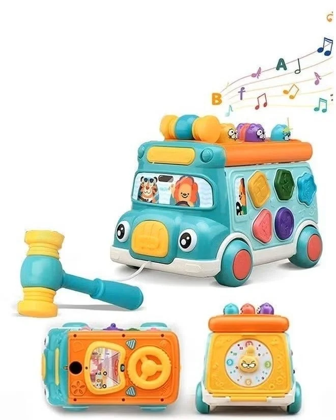 O2. 6-in-1 Educational Bus Activity Center with Light and Sound, Shape Sorting and Motor Skills Game for Kids (Multicolor, 23 x 15 x 15 cm) ck9tq
