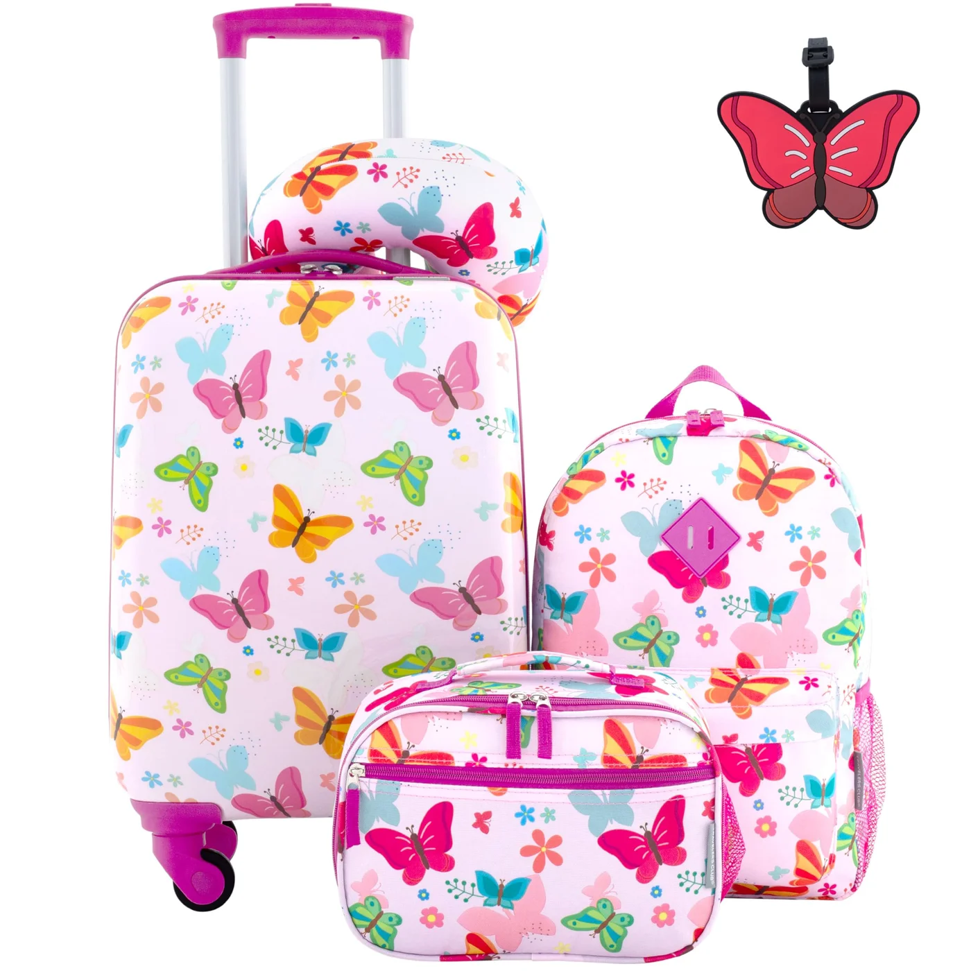 Kids Travel Luggage Set 5-Piece Butterfly Pattern Durable Rolling Suitcase and Backpack for Travel (5-Piece Set) 9g95m