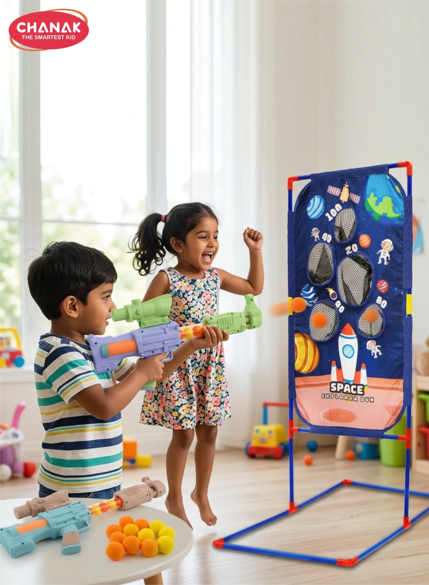 Chanak Space Explorer Pneumatic Toy Set with Scoring Net Stand and 48 Soft Foam Balls (2-Pack, Multi-Color) l3u7q