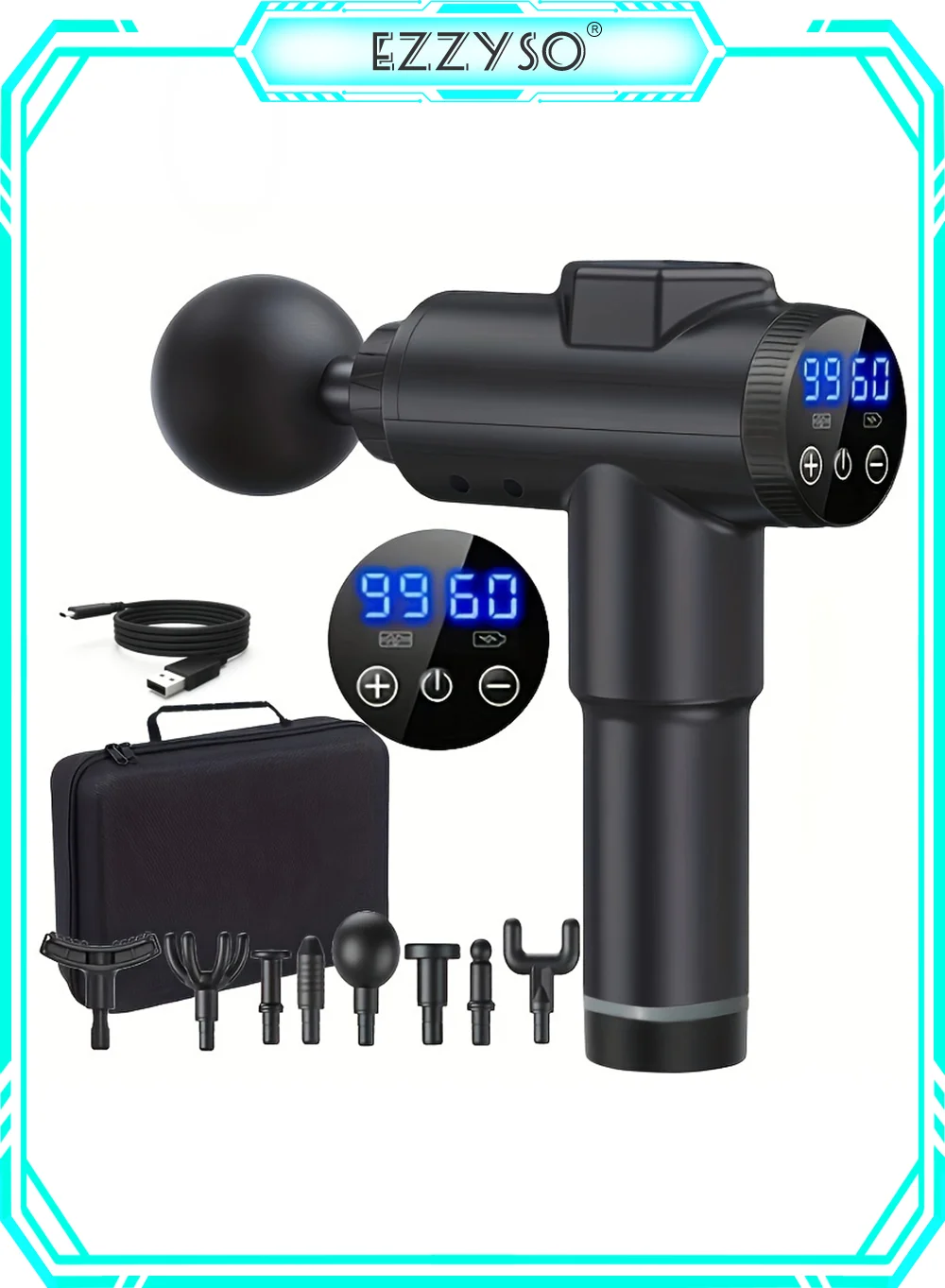 EzzySo Deep Tissue Massage Gun with 99 Intensity Levels and 8 Interchangeable Heads (Premium Percussive Muscle Recovery Device for Back and Neck) o9yon