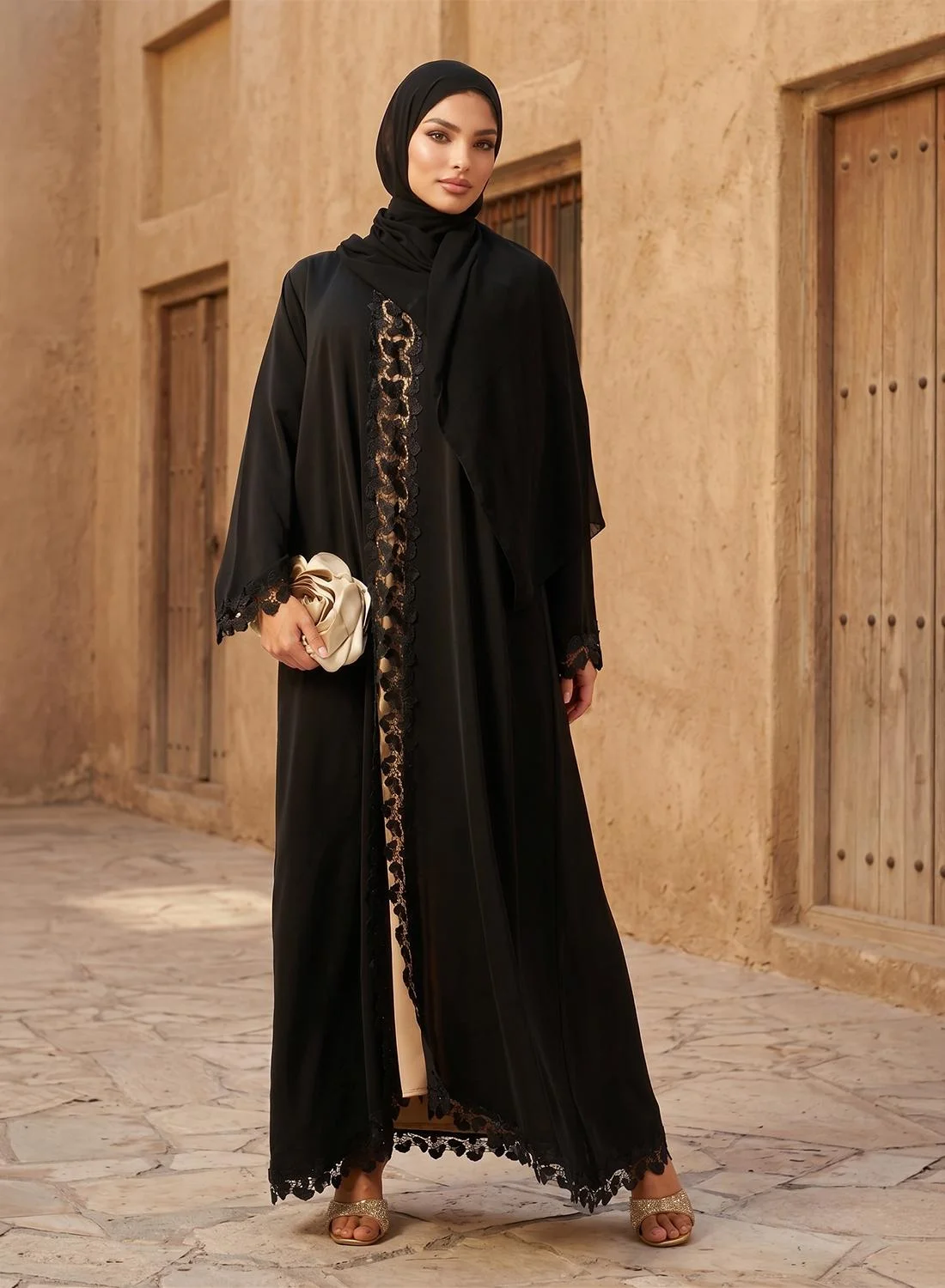 Hayas Closet Floral Lace Detailed Open Front Abaya Premium Modest Wear (Black, Free Size) l8vj4