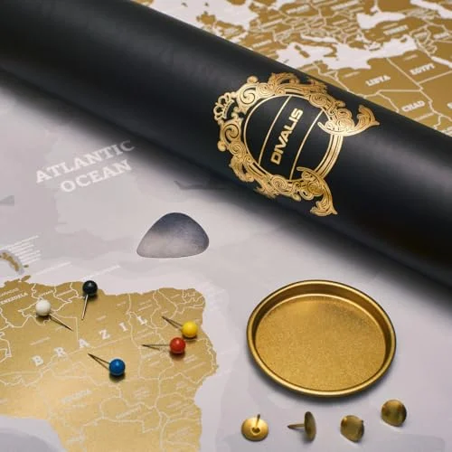 Divalis Extra Large Scratch Off World Map Poster (Gold and White, 82 cm x 59 cm) Premium Laminated Travel Tracker for Home Decor 3ajsf