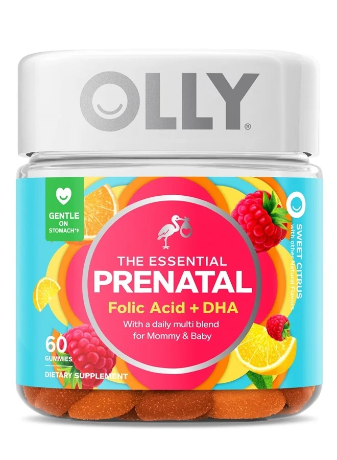 OLLY Essential Prenatal Multivitamin with Folic Acid and DHA (Sweet Citrus, 60 Gummies) glomr