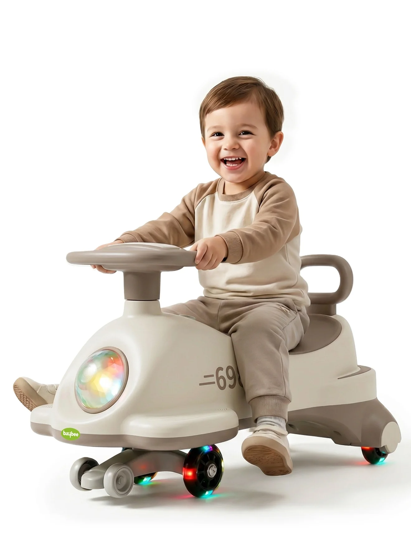 BAYBEE Magic Swing Car for Kids Ride On Toy with LED Wheels and Music (Beige, 1 Unit) jw1kc