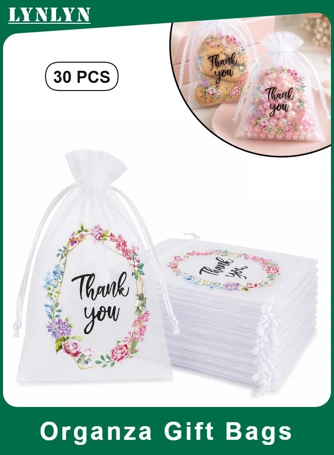 LYNLYN Organza Gift Bags with Drawstring, Floral Wreath Mesh Favor Pouches for Wedding and Party Favors (White, 10x15 cm, 30 Pack) v9hmg
