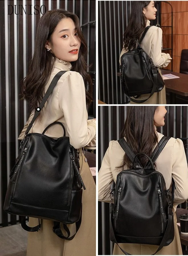 DUNISO Large Capacity Travel Backpack Premium Faux Leather School Bag Anti-Theft Design For Women (Black, 40x30x15 cm) ke132