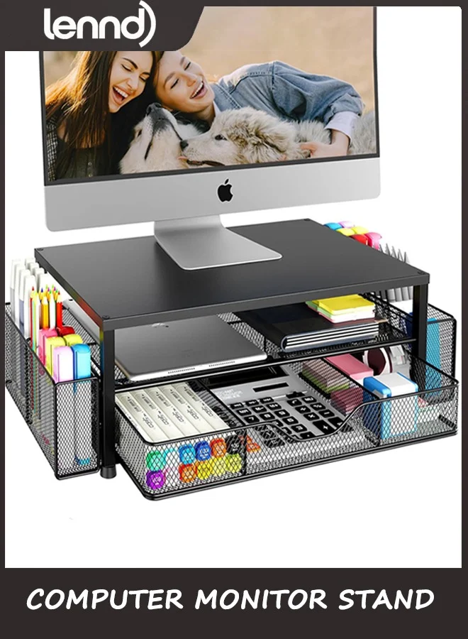 LENND 2-Tier Computer Monitor Stand Riser with Drawer and Dual Pen Holders (Black, 1 Unit) 61bfo