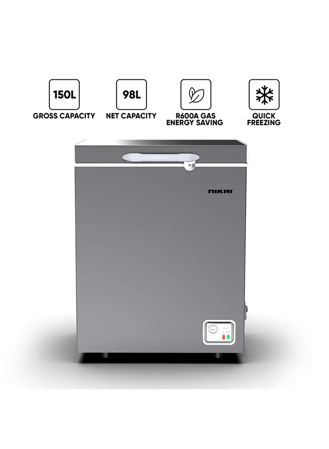 Nikai Single Door Chest Freezer, Premium Energy Efficient Cooling System with Storage Basket, Adjustable Temperature Control, Silent Operation (Silver, 98L Net Capacity) hg3wg