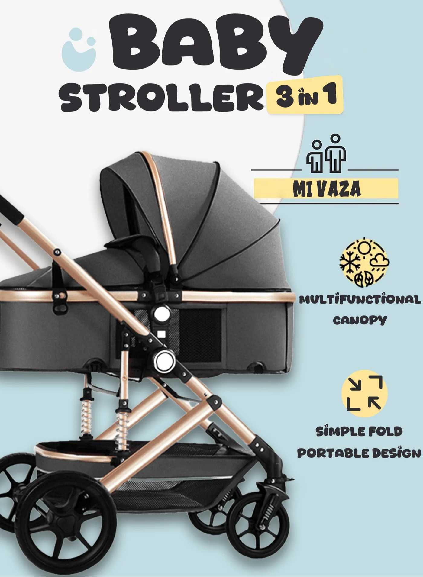 Mi VAZA Reversible Baby Stroller with Adjustable Backrest and 5-Point Safety Harness (Grey, Large) 8p8jn