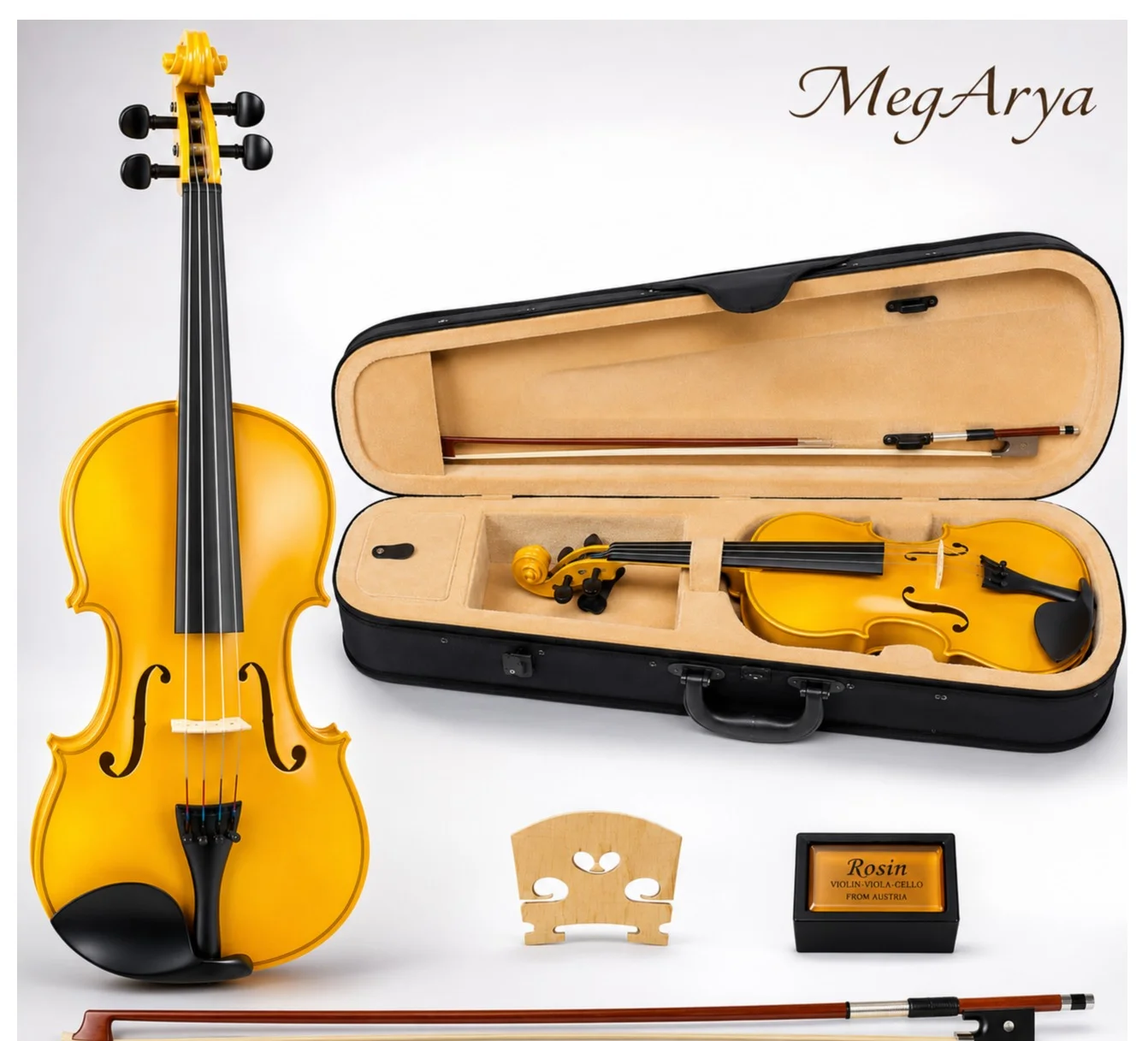 MegArya Acoustic Violin 4/4 Full Size Handmade Maple Wood Instrument Set with Bow and Case (Yellow, 4/4) 6vlt9