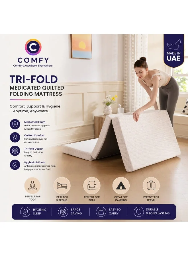Premium Folding Single Mattress Portable Classic Satin Bed Pad (White, 180x90x7 cm) o347v