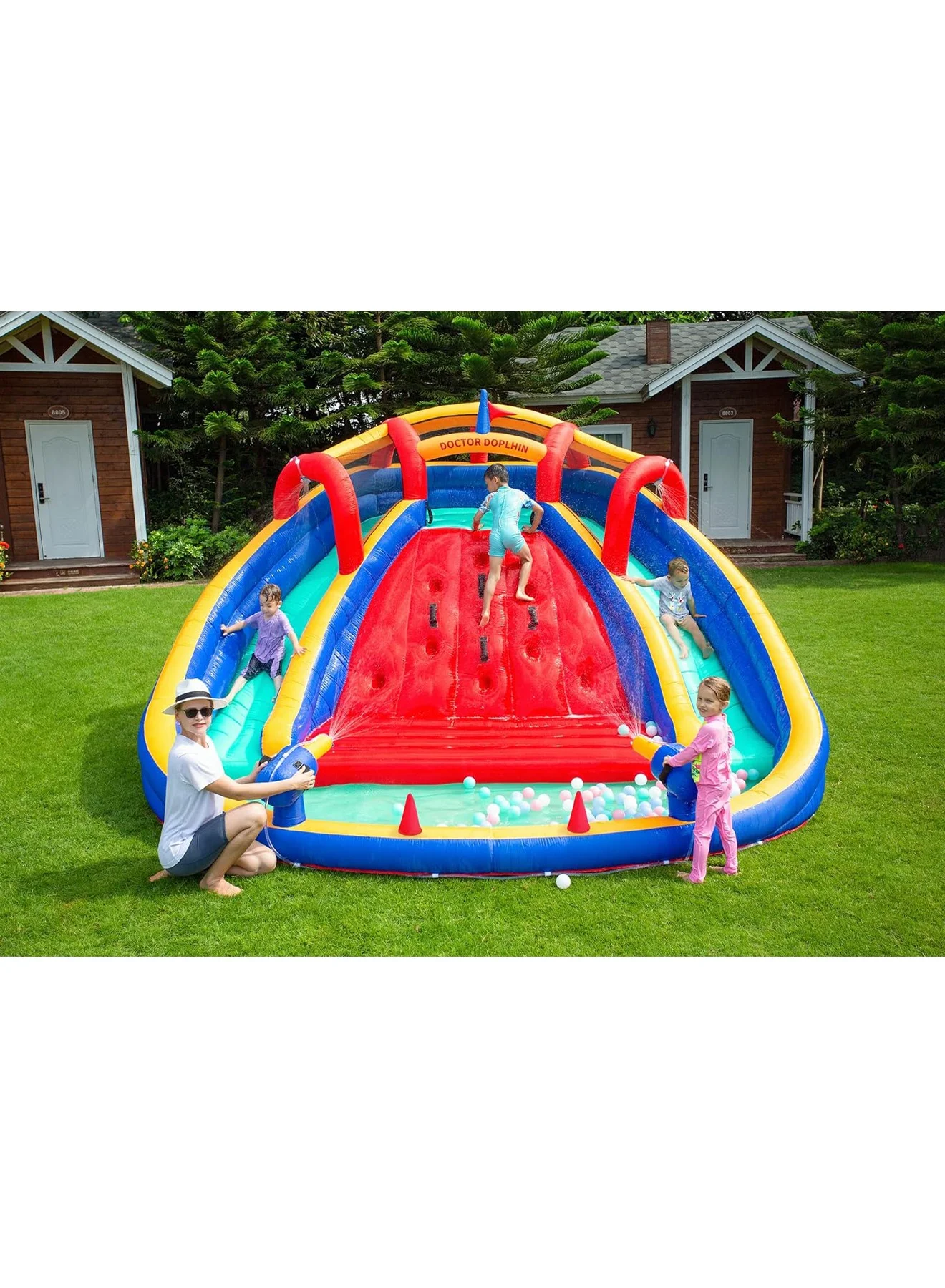 MONOGUE Inflatable Twin Water Slide with Climbing Wall and Double Splash Lanes (Outdoor Play Set for Kids, 300 cm x 200 cm) 4o4as