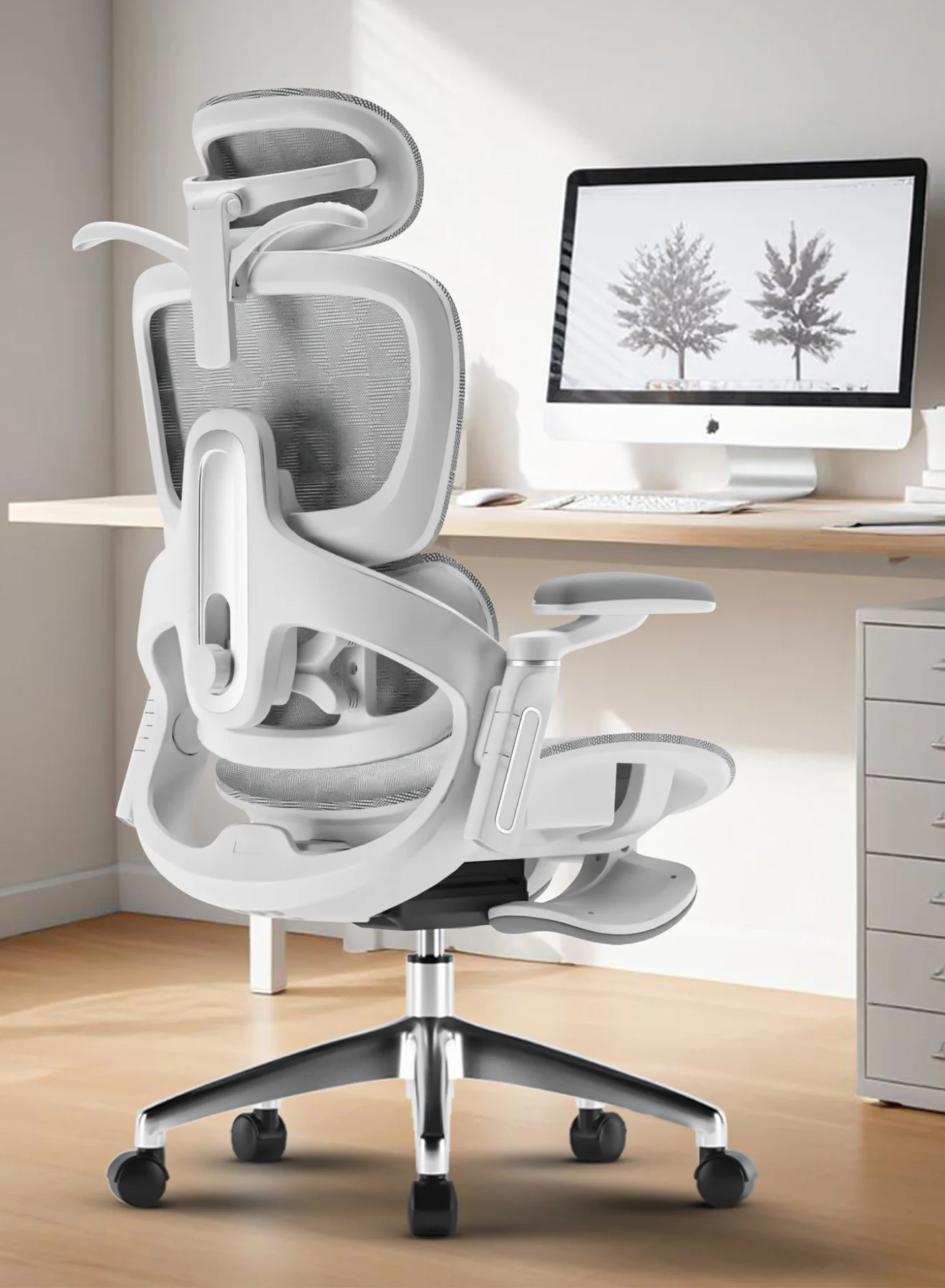 DROGO Ergonomic Office Chair with Breathable Mesh, Adjustable Lumbar Support, 6D Armrest, 4D Headrest, Reclining Backrest & Footrest (White) 5hzq0