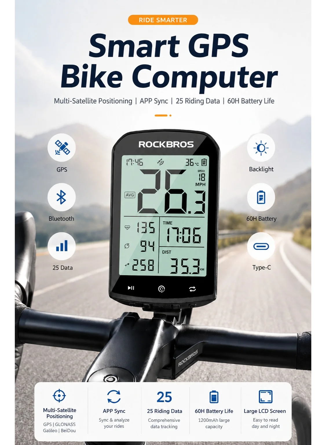 Rockbros GPS Bike Computer Wireless Cycling Speedometer with Bluetooth App Sync and Backlit LCD Screen (Black, 1 Unit) 31801
