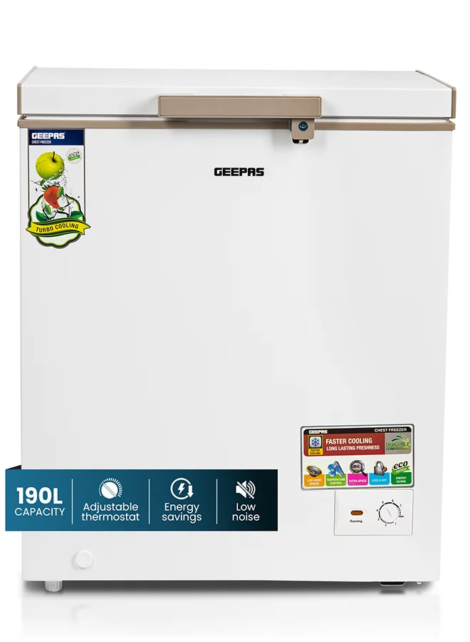Geepas Single Door Chest Freezer Premium Energy Efficient Cooling Unit with Adjustable Thermostat and LED Light (White, 145L Net Capacity) ctvkn
