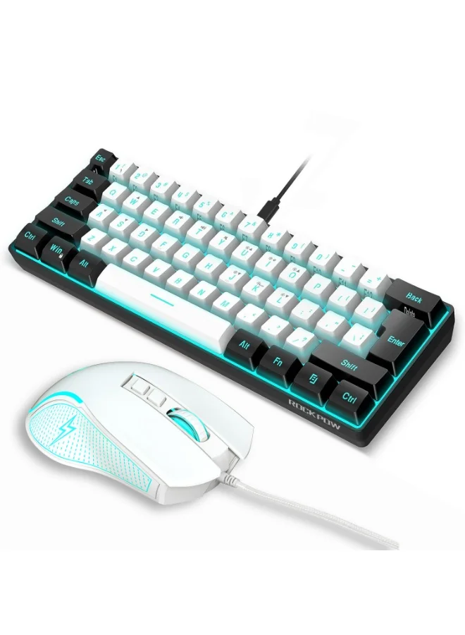 Rock Pow Wired Gaming Keyboard and Mouse Combo 60% Compact Mechanical Feel Ergonomic Design (Black, 1 Set) 21c3h