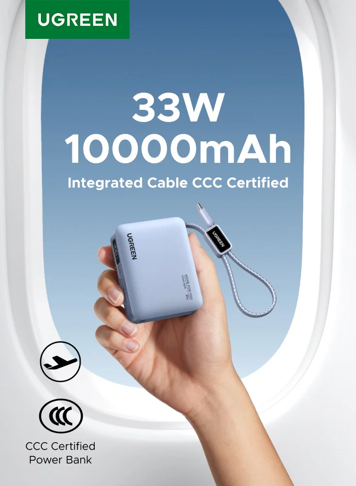Premium 10000mAh 33W Mini Portable Power Bank with Braided Built-in USB-C Cable (Fast Charging, Compact Design, 10000 mAh) hfszn