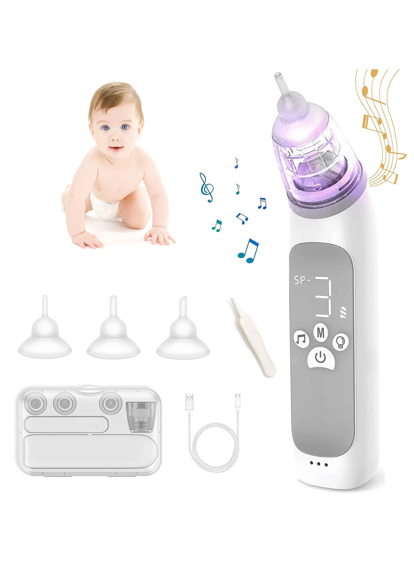 TDOO Electric Nasal Aspirator for Baby and Toddler with 3 Silicone Tips, Adjustable 3-Level Suction, Music and Light Features (1 Unit) fk7sf