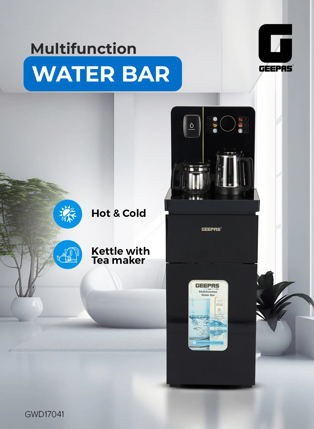 Geepas Multifunction Water Bar Bottom Loading Hot and Cold Dispenser with Touchscreen and Tea Kettle (Black) 9wbir