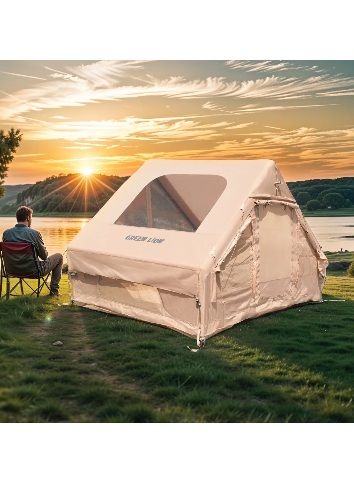 Green Lion Inflatable Camping Tent for 3-4 Person (Beige, Instant Setup, Waterproof Oxford Fabric) jds1y