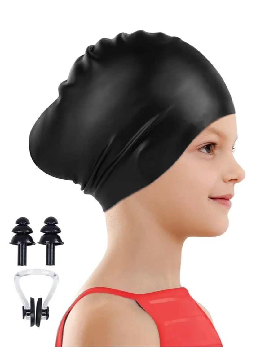 Sanhahn Kids Silicone Swim Cap for Long Thick Hair with Ear Plugs and Nose Clip (Black, One Size) 1q6sl